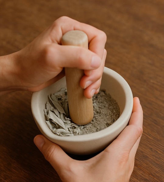 すり鉢で天然素材を丁寧に砕く